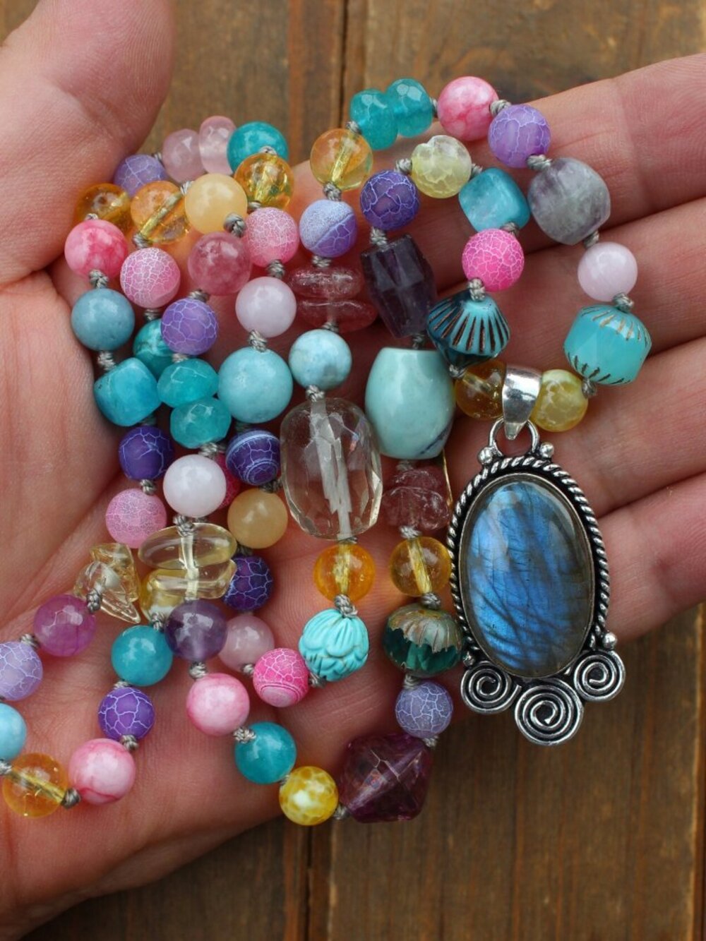 Artisan Rainbow Gemstone Necklace Labradorite, Crystals, Citrine, Turquoise